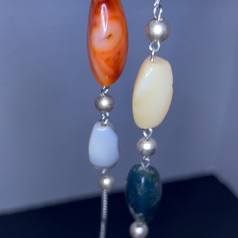Vintage Silver-Tone Chain Necklace with Mixed Stone Beads – Estate Find